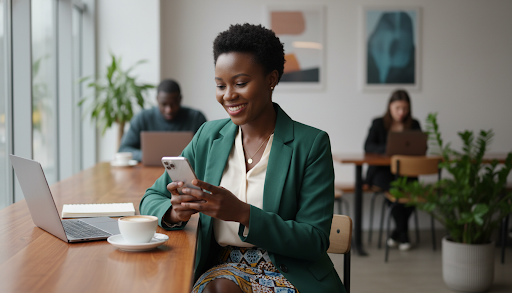 Entrepreneur smiling while using her phone in a modern workspace