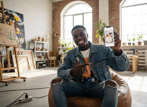Entrepreneur in a creative studio holding up a smartphone